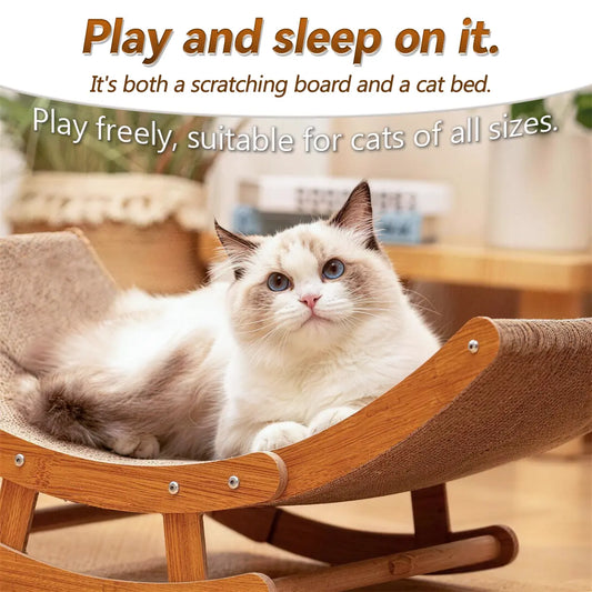Aesthetic Boho Rocking Cat Scratcher Bed for Indoor Cats, Curved Cat Scratcher Lounge Chair with Solid Wood Frame, 2‑In‑1 Scratching & Rocking Function,Calming Anti-Anxiety Cat Rocker Chair,Non-Shedding, Comfy Cat Bed for Medium Large Cats Kittens